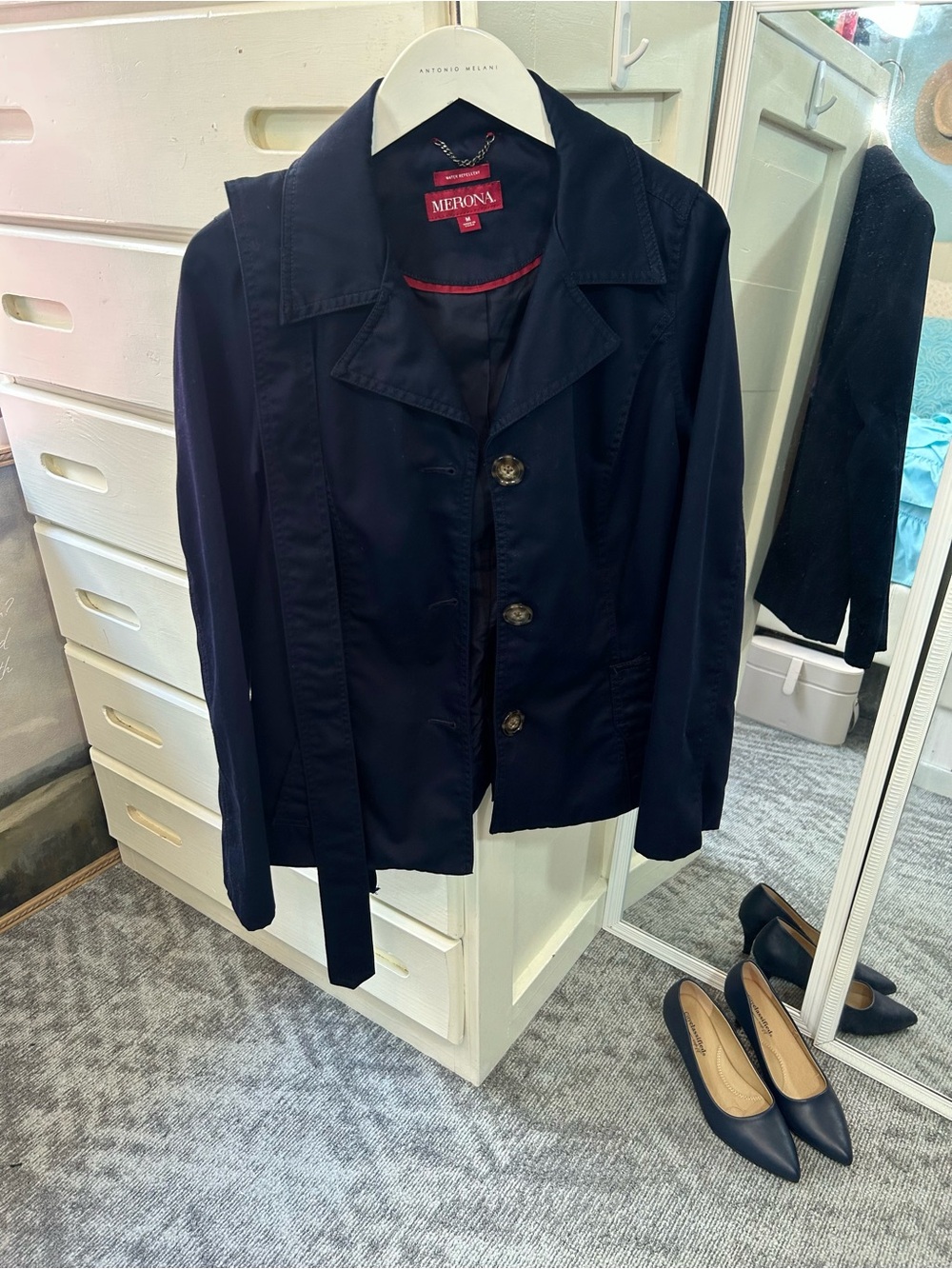 Merona Navy Trench Pea Coat Tortoise Shell Button Detail Tailored Trench Jacket✨
